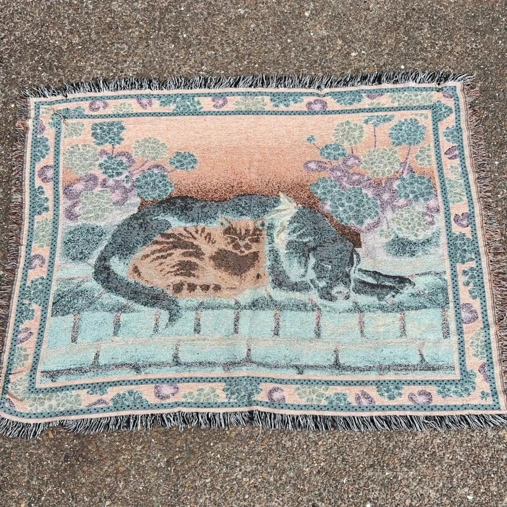 Vintage Dog and Cat Cuddling on Brick Porch Floral Woven Tapestry Blanket Throw
